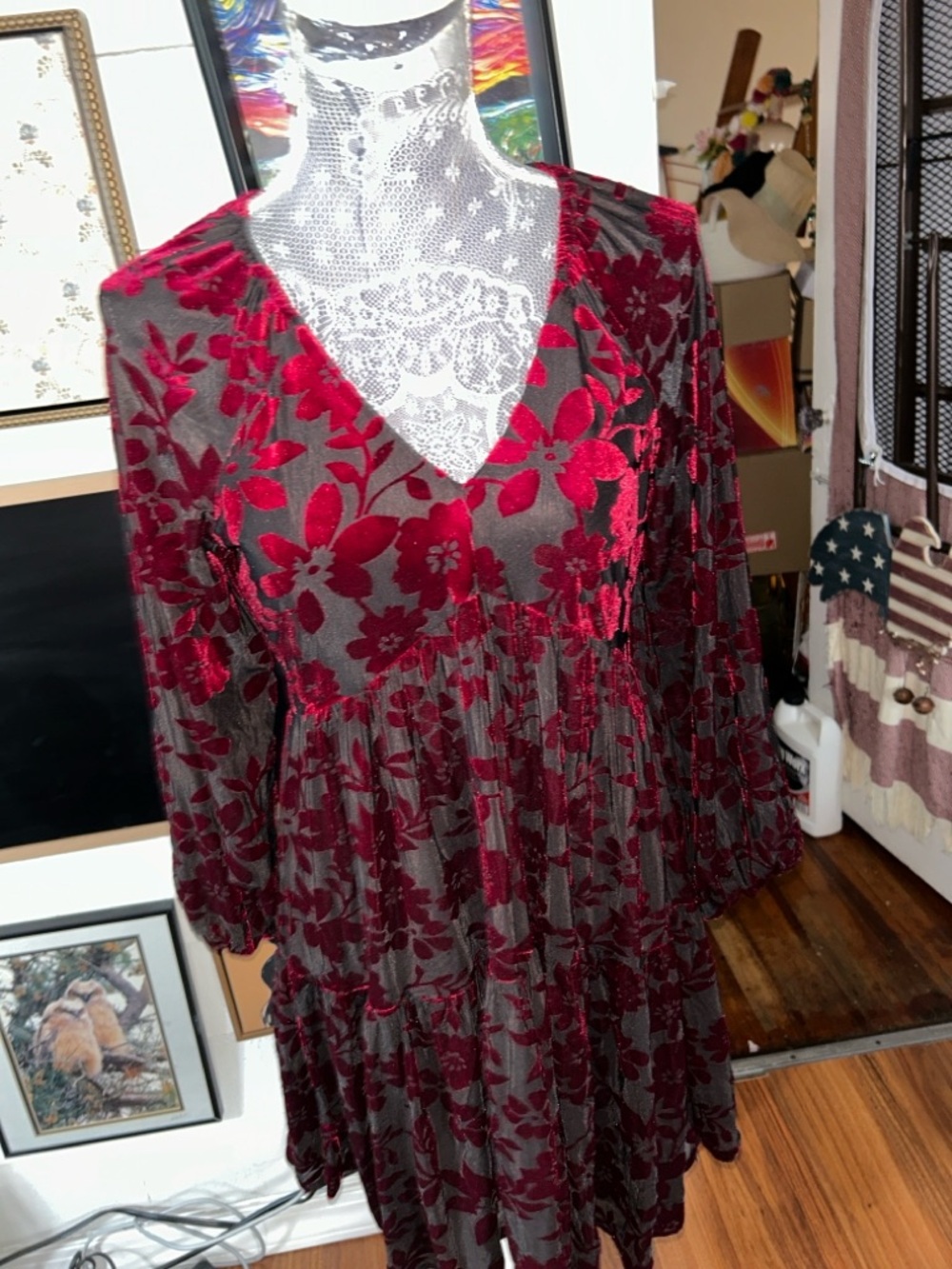 Just...Taylor Burgundy Floral Velvet Burnout Long Sleeve Dress